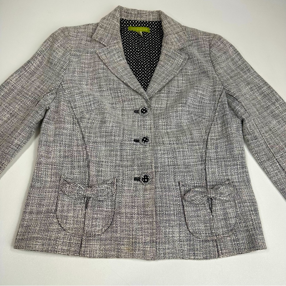 Sigrid Olsen Tweed Polka Dot Bows V Neck Blazer Suit Jacket Womens Size 10